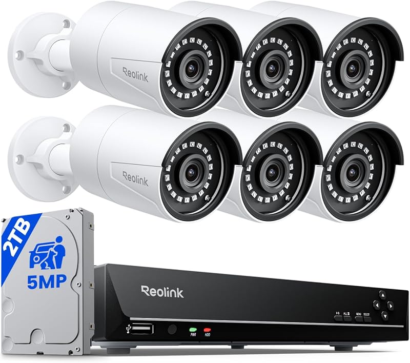 Sistema de cámara de seguridad para el hogar Super HD de 8 canales y 5 MP RLK8-410B6-5MP | 6 cámaras IP PoE para exteriores con cable de 5MP con detección de persona/vehículo/mascota, NVR 4K/8MP 8CH con disco duro de 2TB para grabación 24-7