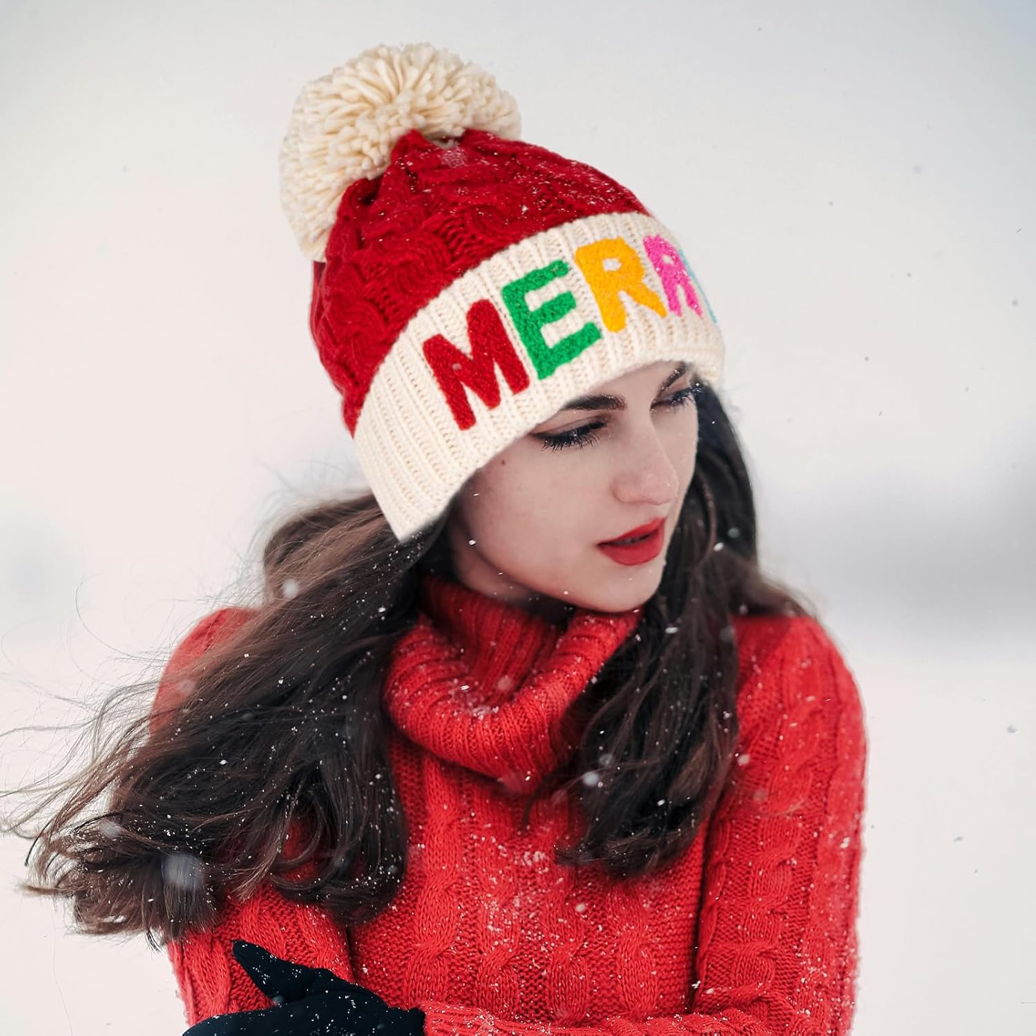 Christmas Merry Beanie for Women Winter Crochet Hat Chunky Cable Knit Pompom Santa Hat - Image 4
