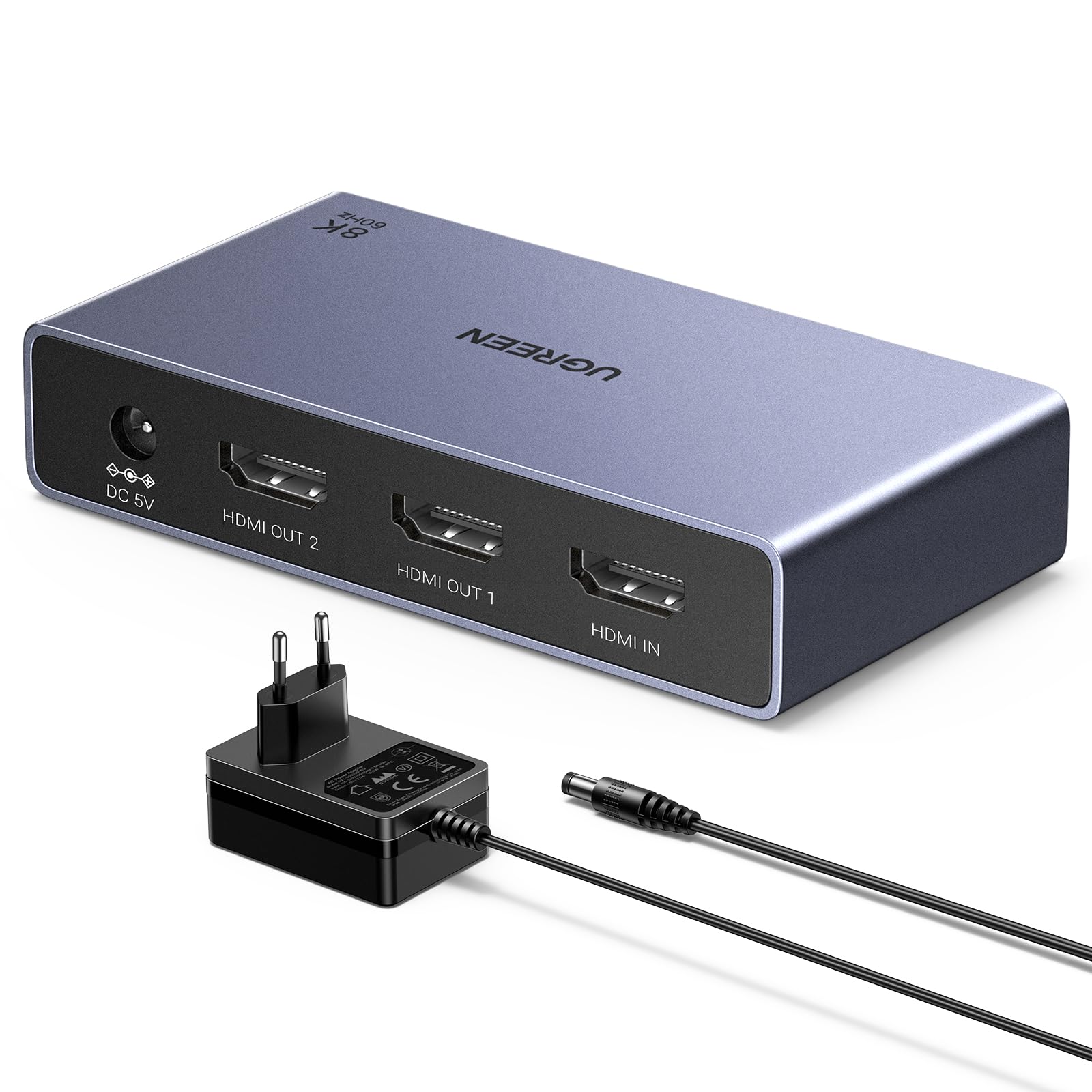 UGREEN HDMI Splitter 1 In 2 Out 8K@60Hz Dual Screen Ausgabe 3D/HDR-Bilder HDCP2.3 [Windows XP/7/8/8.1/10/11, MacOS, Linux, DVD, PS5/PS4/Xbox/Switch, TV-Betrieb getestet] Beilage 5V2A Netzadapter