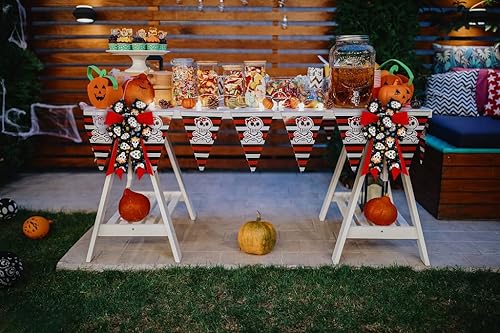Miniatura 4 de Threetols 2 lazos de Halloween para corona, diseño de calavera de azúcar rojo y negro, lazos de Día de los Meurtos para puerta delantera, lazos de