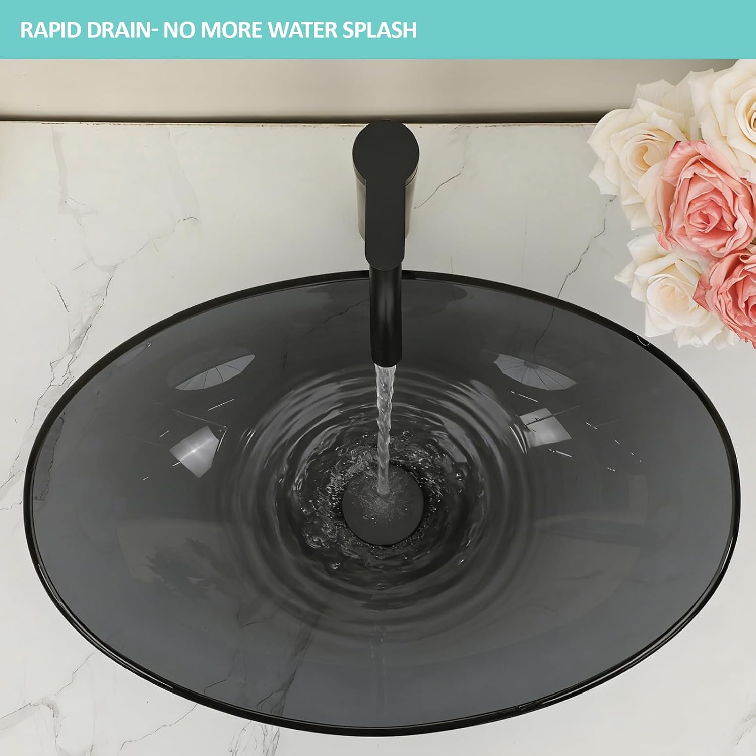 Kichae Oval Glass Vessel Sink - 21" x 14" Clear Grey Tempered Glass Bathroom Vessel Sink for Bathroom Vanity Above Counter Art Basin with Pop up Drain