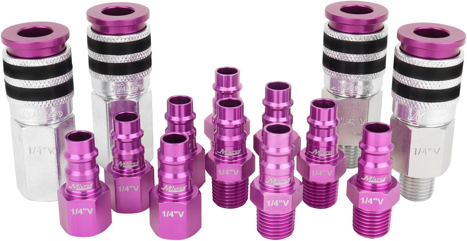Colorfit by Milton Coupler & Plug Kit (V-Style/High-flow) with Rubber Bumpers – 1/4" NPT Quick Connect Hose Fittings for Air Tools & Compressors - 14-Piece