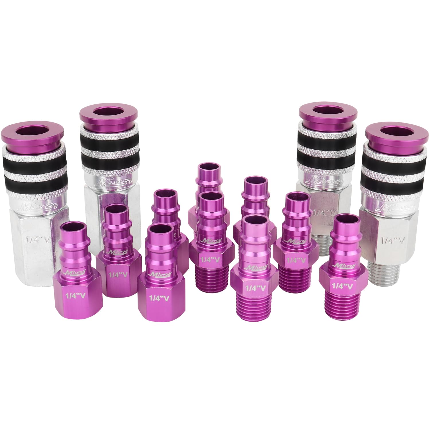 Colorfit by Milton Coupler & Plug Kit (V-Style/High-flow) with Rubber Bumpers – 1/4" NPT Quick Connect Hose Fittings for Air Tools & Compressors - 14-Piece