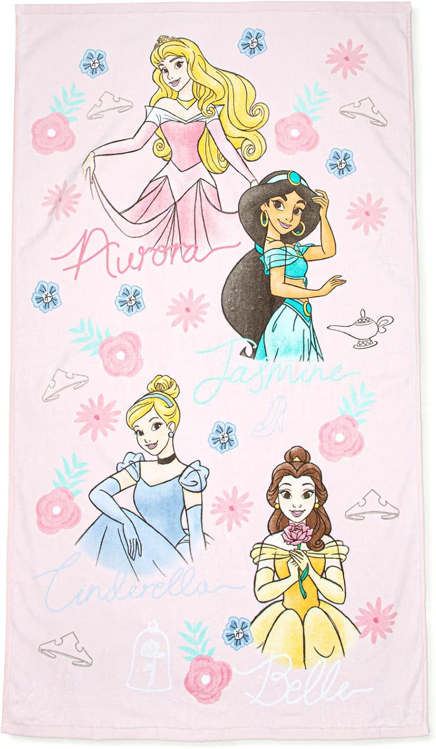 Jay Franco Disney Princess Charming Bath/Pool/Beach Towel Featuring Cinderella, Belle, Jasmine, & Aurora – Super Soft & Absorbent Fade Resistant Cotton, Measures 49 x28 inches Official Disney Product