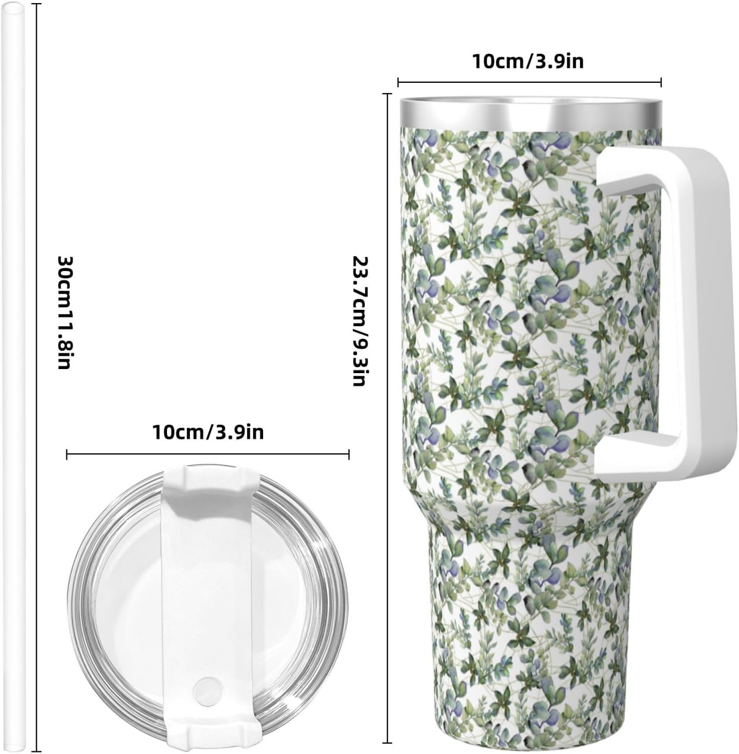 40 OZ Green Eucalyptus Leaves Print Ice Bully Cup with Handle Straw Lid Straw,Stainless Steel Tumbler Coffee Cup