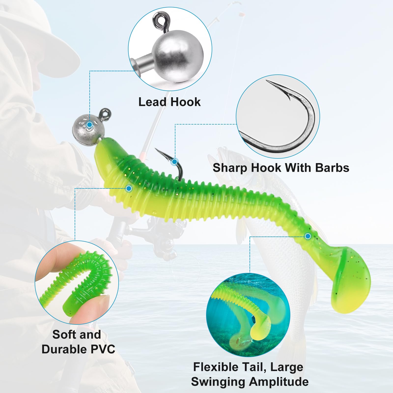 45 señuelos de pesca blandos y 10 cabezas triangulares para la pesca con spinning, 5,5 cm+6,5 cm+7,5 cm, cebo de pesca, cebo flotante, goma con cabeza y caja de plástico, 5 colores