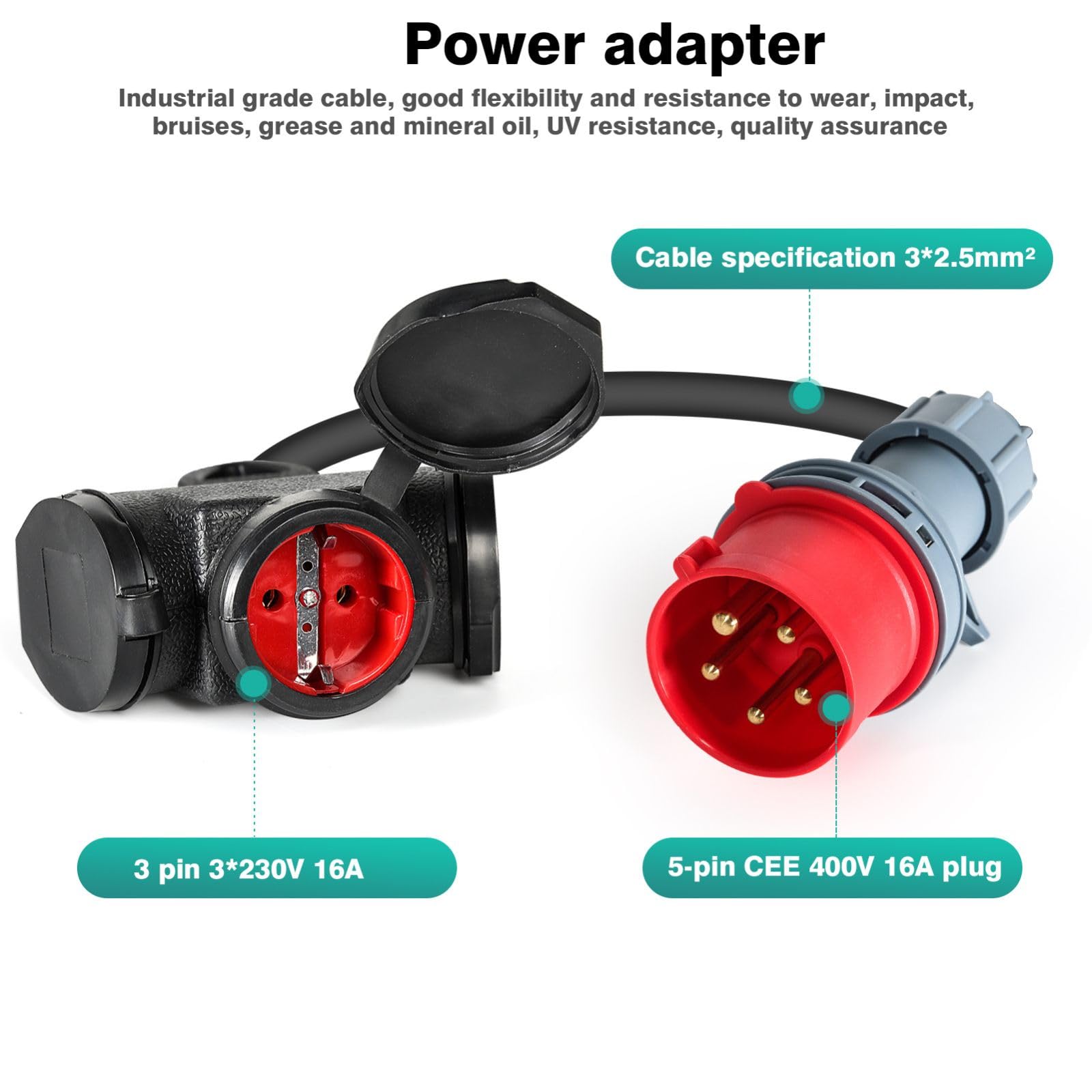 Jadeshay Enchufe Camping 16A 400V Adaptador Industrial con Toma Schuko y Enchufe CEE 5 Pines Cable Adaptador IP44 Impermeable Adaptador Industrial para Exterior Obra de Construcción Caravana Barco