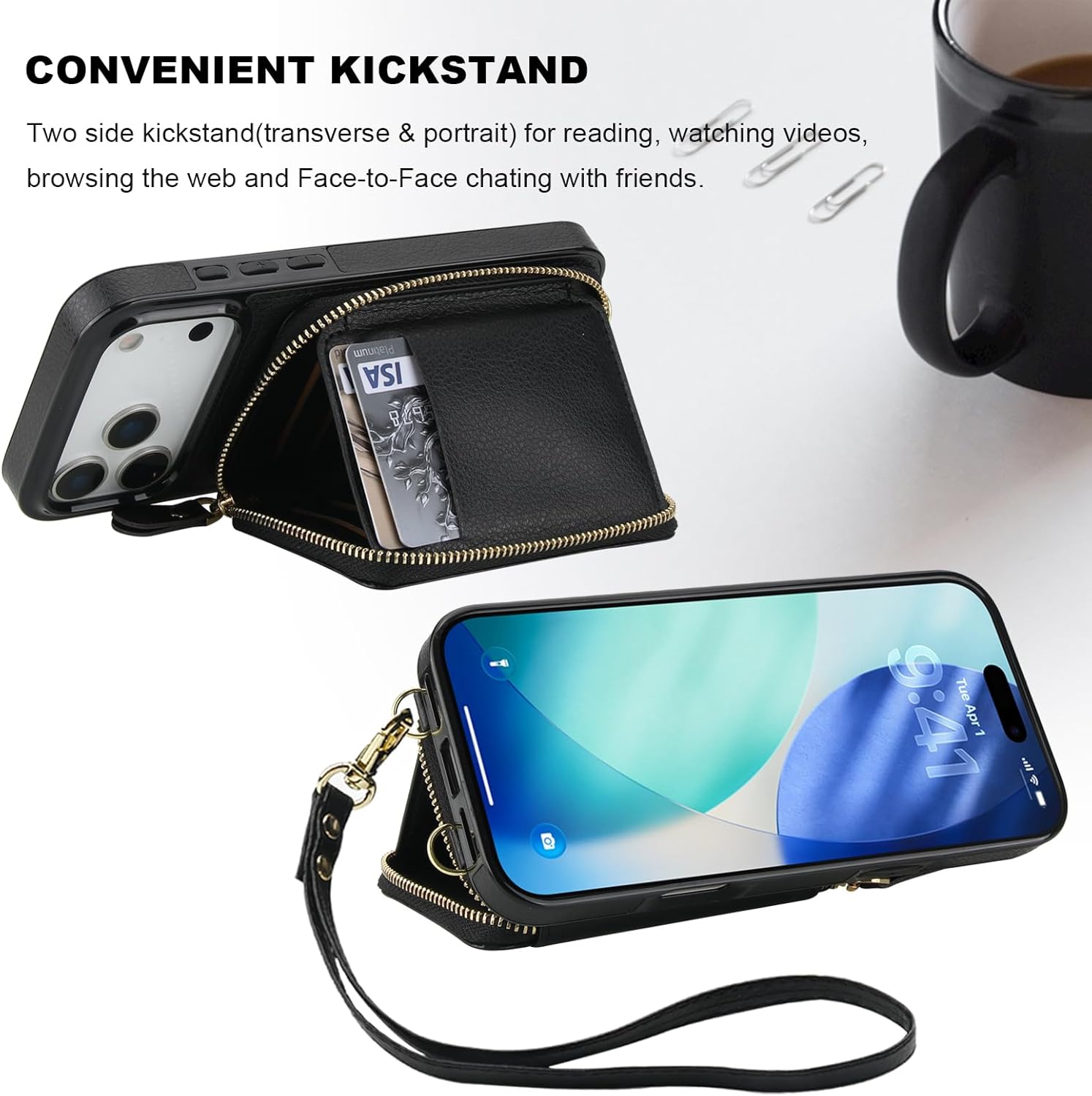 Bocasal RFID Blocking Wallet Case for iPhone 17 Pro Max, Adjustable Crossbody Zipper Purse Case Card Holder with Kickstand Detachable Wrist Strap, PU Leather Flip Folio Case 6.9 Inch 5G (Black) - Image 6