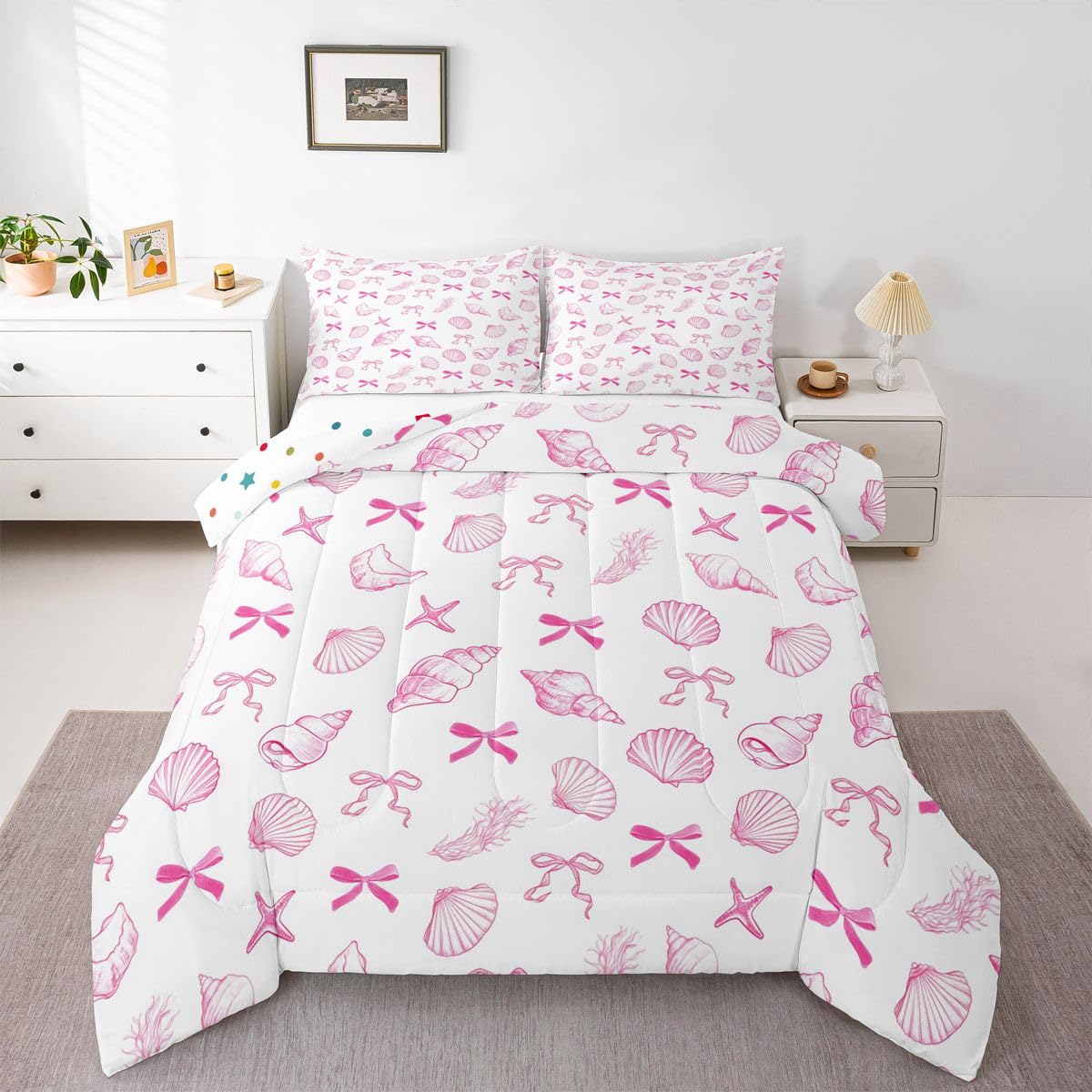 Summer Sea Kinder-Bettwäsche-Set für King-Size-Bett, Kawaii-Fliege, Muschel, Ozean, Muschel, Seetang, nautische Steppdecke, rosa-weiß, Schlafzimmer-Bettbezug, 2 Kissenbezüge