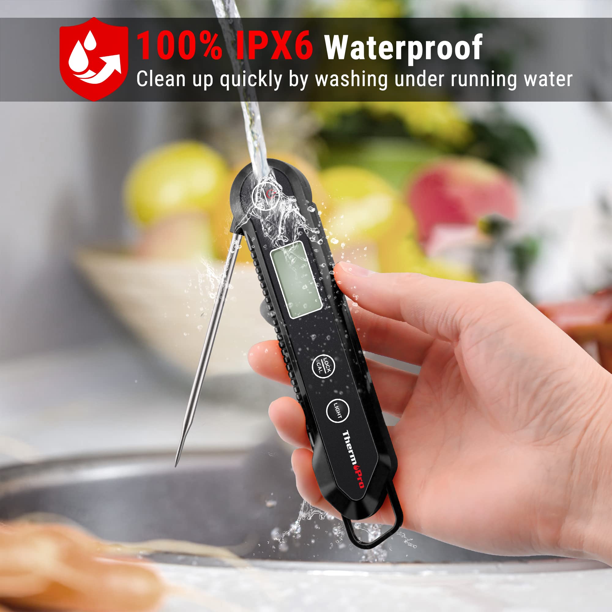 ThermoPro TP03H Negro Termómetro digital para barbacoa de lectura instantánea Termómetro impermeable para alimentos de cocina con calibración y termómetro para freír con luz de fondo
