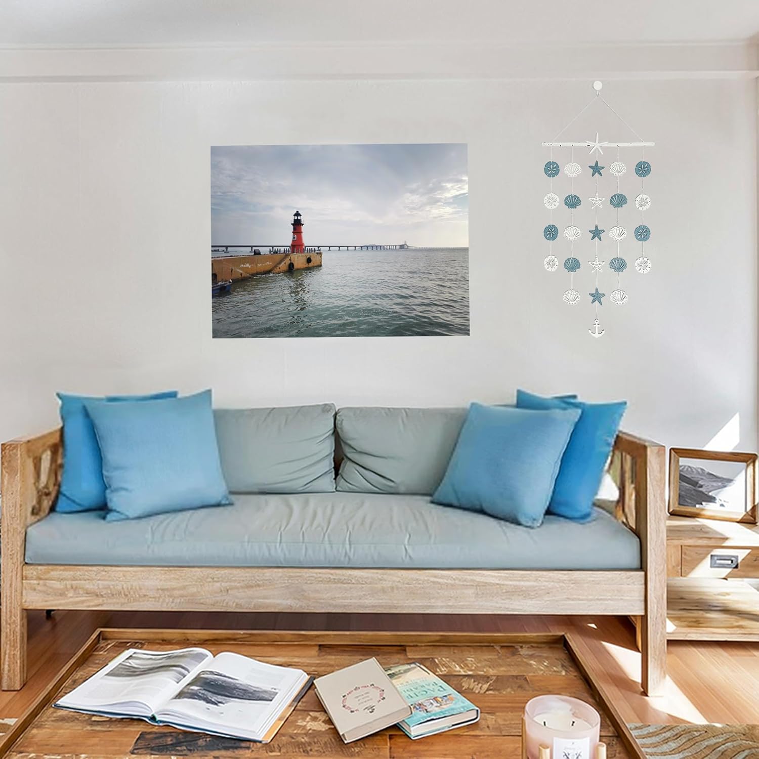 Nautical Rope Blue Toilet Paper Holder Wood Towel Holder and Beach Coastal Wall Hanging Decor Nautical Wall Art with Anchor Seashell Blue White Bathroom Decor