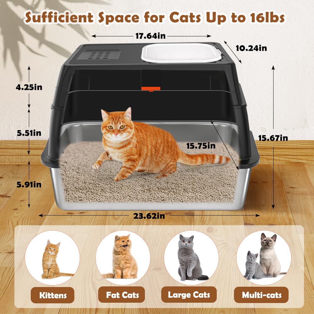 Vivifying Stainless Steel Litter Box with Lid, XL Front Entry Enclosed Extra Large Litter Box for Big Cats & Kitty, Top Exit Metal Cat Pan with Scoop, Mat, Footboard, Charcoal Filter (Black) - image 2