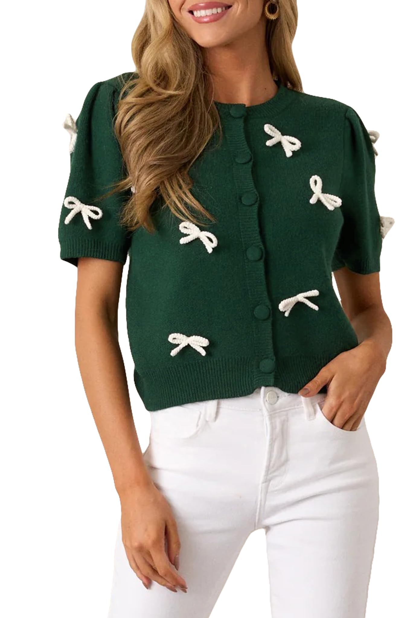 Kedera Womens Casual Short Knit Bow Sweater Crew Neck Puff Sleeve Shirts Sweater Loose Blouses Tops