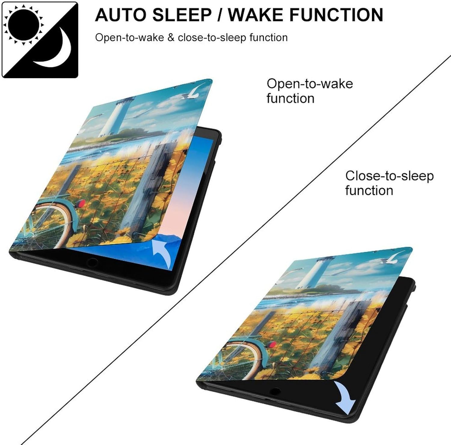 Coastal Lighthouse and Seagull Seaside Bikes Printed Case Trifold Stand Protective Cover Compatible with ipad Pro/ipad Air3(10.5in)