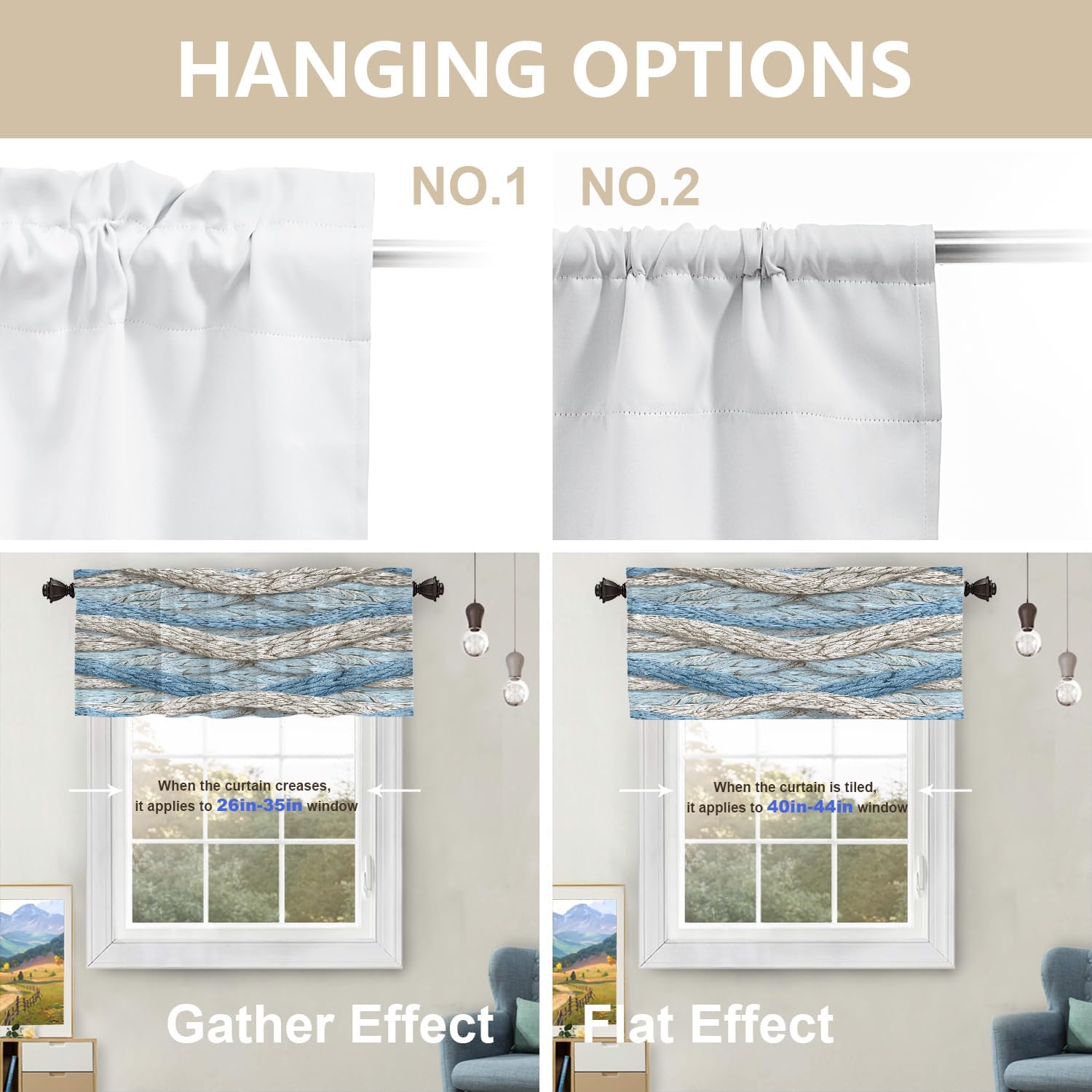 Nautical Seaside Blackout Kitchen Curtains,Maritime Rope Short Curtains for Windows Insulated Thermal Bathroom Window Curtain 2 Pack 52X18 Inches