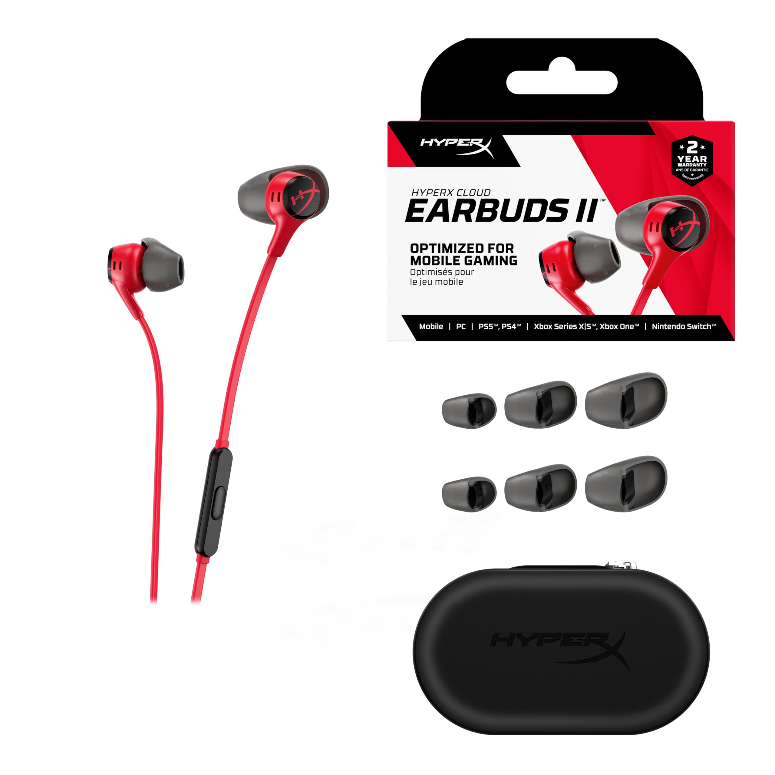 HyperX Cloud Earbuds II Écouteurs Gaming, Audio Immersif, Microphone Intégré, Prise Jack 3.5mm Coudée, Quatre Tailles d'Embouts, Pochette de Transport, Rouge