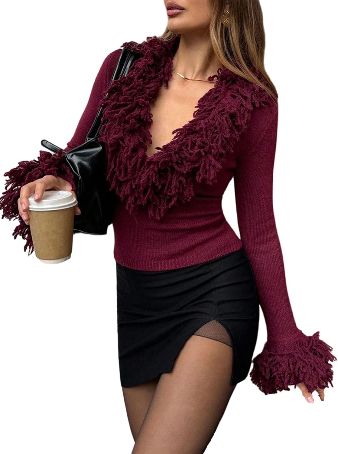 Verdusa Women's Cozy Sweaters Party Outfits Tassel Deep V Neck Rave Fuzzy Trendy Pullover Knit Fall Tops