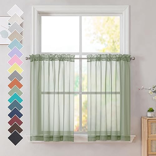 OVZME Cortinas cortas traslúcidas de gasa para ventana pequeña, con jareta para cortinero, unicolor, para cocina y baño, 2 paneles, 42 pulgadas de