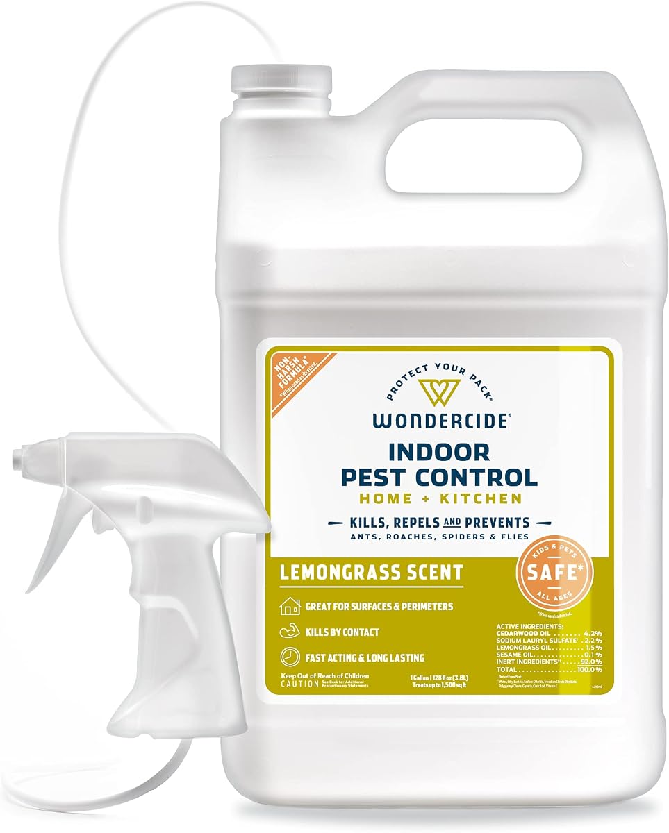 Wondercide - Spray para control de plagas en interiores para hogar y cocina Limoncillo 128 oz | Repelente de insectos y hormigas, cucarachas, arañas, moscas, pulgas y insectos, con aceites esenciales naturales, seguro para mascotas y familias