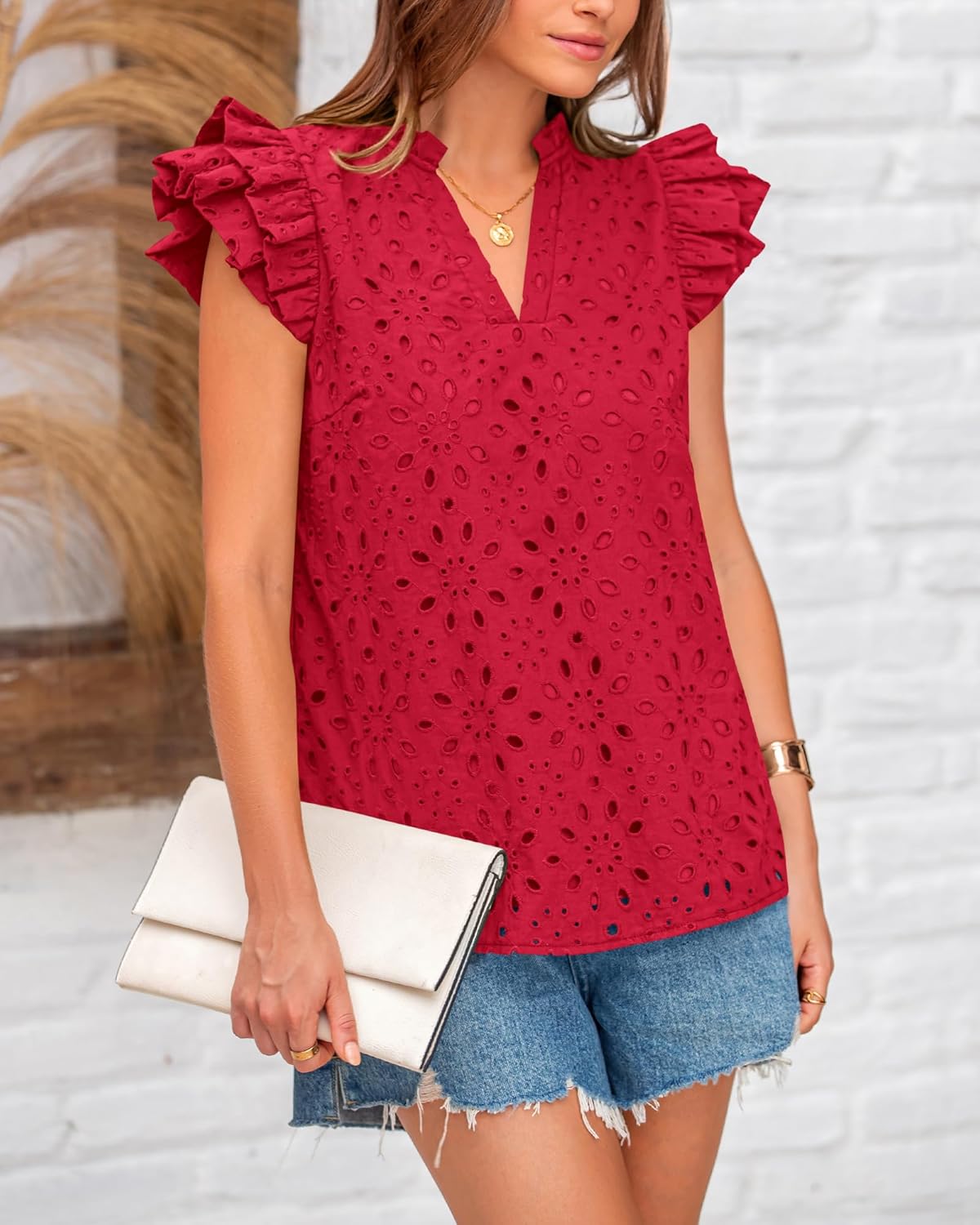 BTFBM Spring Summer Tops for Women 2026 Dressy Casual V Neck Ruffle Cap Sleeve Embroidered Eyelet Blouses Resort Wear - Image 4