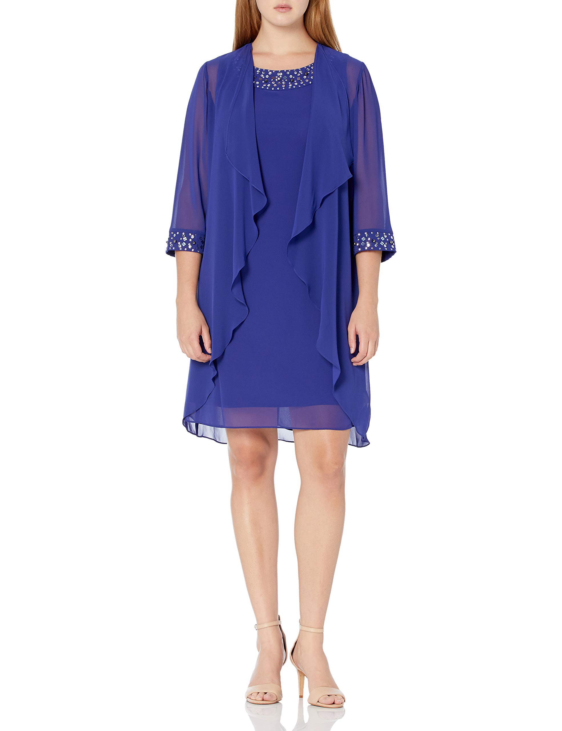 S.L. Fashions Women's Chiffon Tier Jacket Dress with Bead Neck Special Occasion, Iris, 16