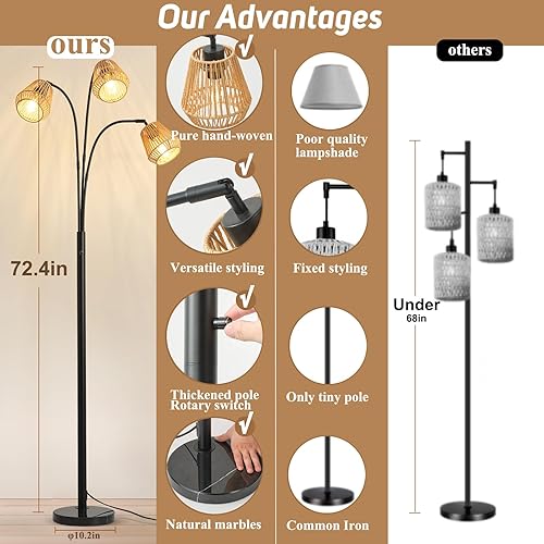 Miniatura 3 de Lámpara de pie de ratán para sala de estar, lámpara de pie bohemia de 72 pulgadas de alto con interruptor giratorio, lámpara de arco de 3 luces con