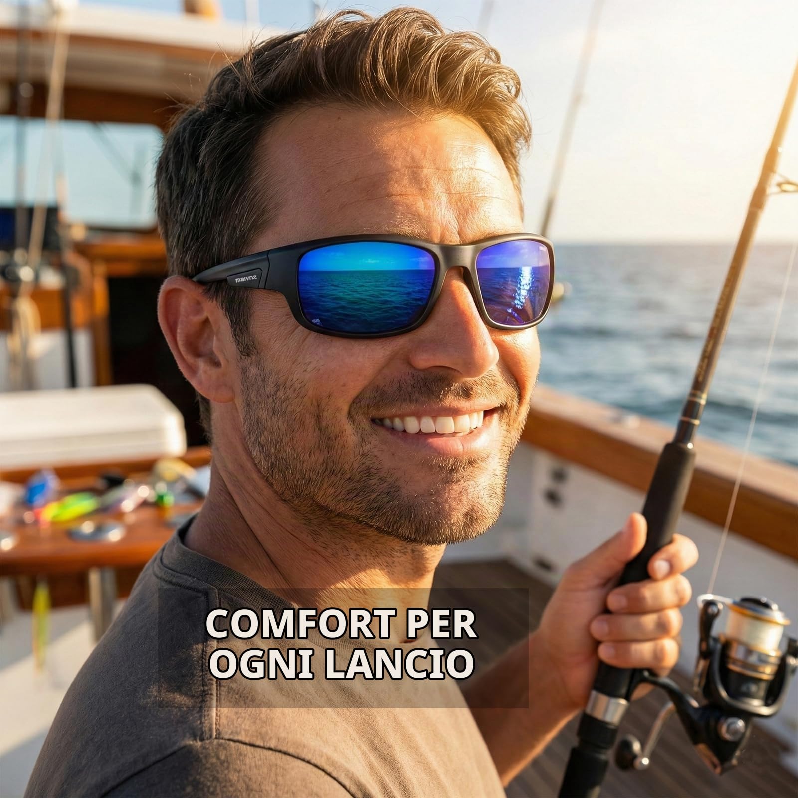 maivnz Occhiali da sole polarizzati per uomo, pesca, galleggianti, leggeri, protezione UV, kayak, surf, sport acquatici, Montatura Nera Blu Revo, conventional