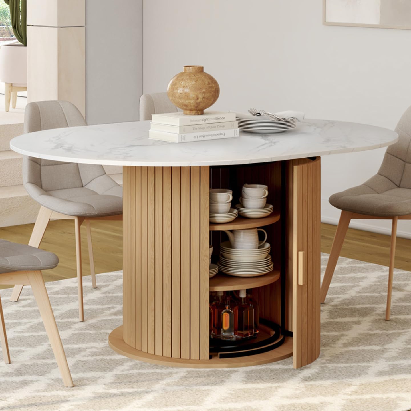 IDMarket - Table à Manger Extensible Ronde Juliette 4-8 Personnes Pied Lattes avec Rangement et Plateau Effet marbre Blanc 110-150 cm
