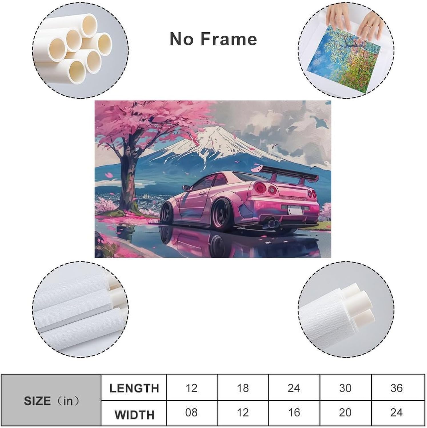 FeoYoed Canvas Wall Art Posters - Pink JDM Car R35 & Mount Fuji Cherry Blossoms Reflection - Modern Aesthetic Decor for Bedroom, Living Room, Office - 12x18 Inches (30x45 cm) - Image 2