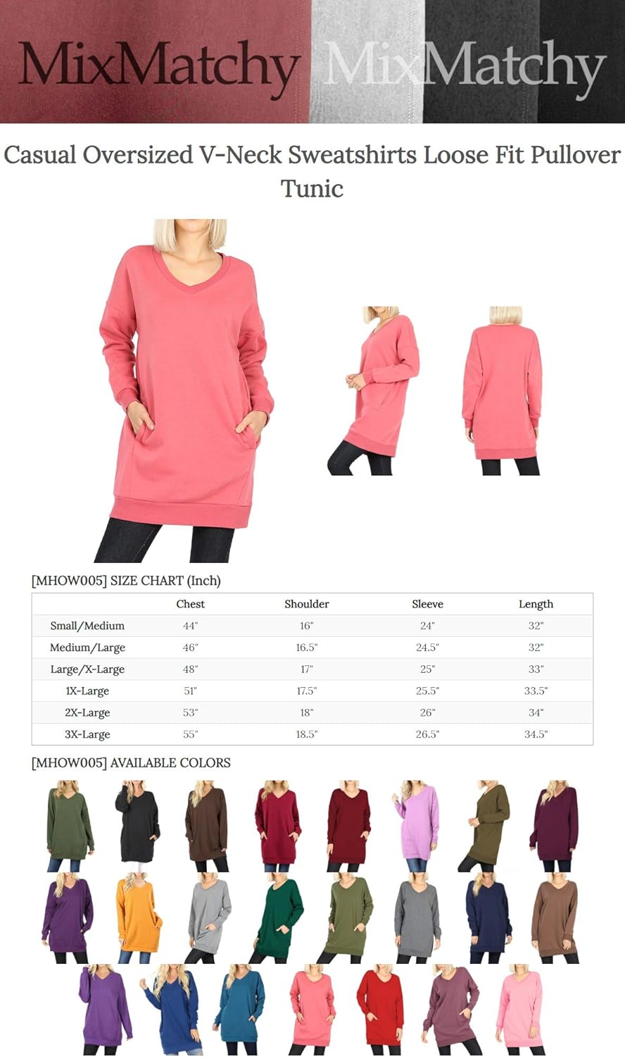 MixMatchy Women's Oversized Sweatshirts V-Neck Long Sleeve Tunic Pullover Fleece Sweater S-3X - Image 5