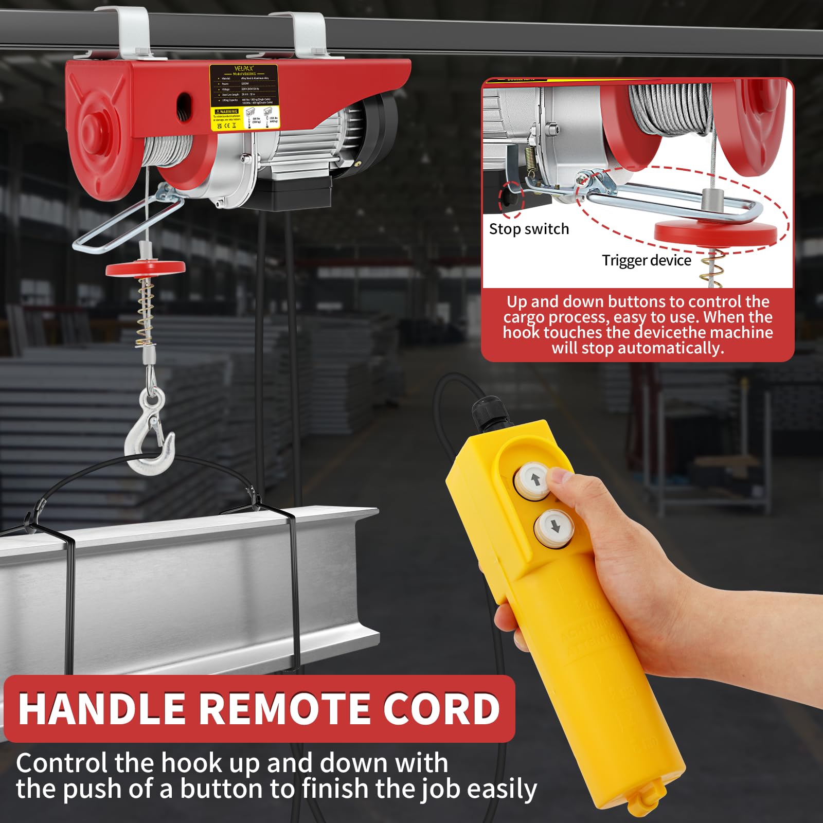 Paranco Elettrico 600 kg, 1200 W, Altezza Sollevamento 12 m, Velocità 10 m/min, Motore in Rame Puro, Paranco Argano Elettrico con Telecomando Cablato, per Garage e Uso Industriale