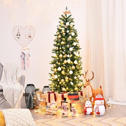 Miniatura 3 de HAPPYGRILL Árbol de Navidad artificial preiluminado de 6 pies, árbol de Navidad con bisagras con 475 puntas de rama, 250 luces LED blancas frías,