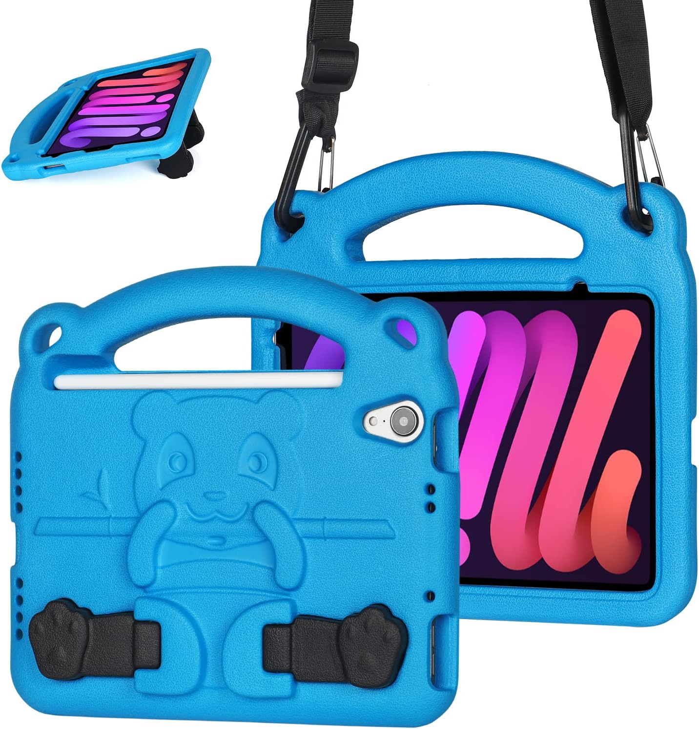 Kids Case for iPad Mini 6th Generation (8.3 Inch 2021), iPad Mini 6 Case for Kids, EVA Shock Proof Light Weight, with Handle Built-in Bracket & Shoulder Strap (Blue)