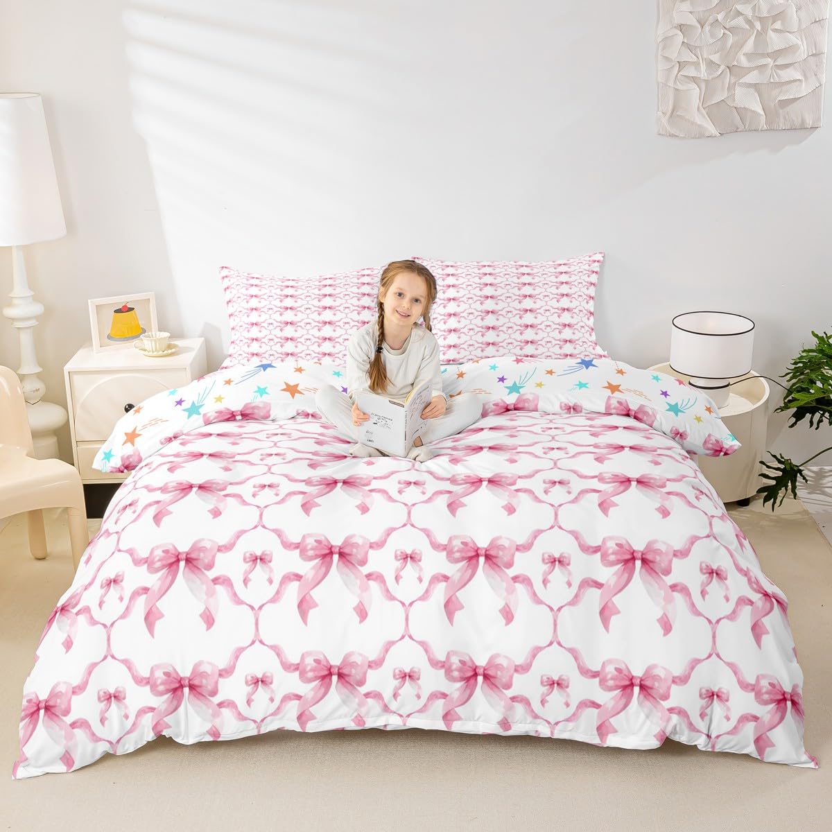 Housse de couette enfant 3 pièces avec taies d'oreiller motif nœud papillon