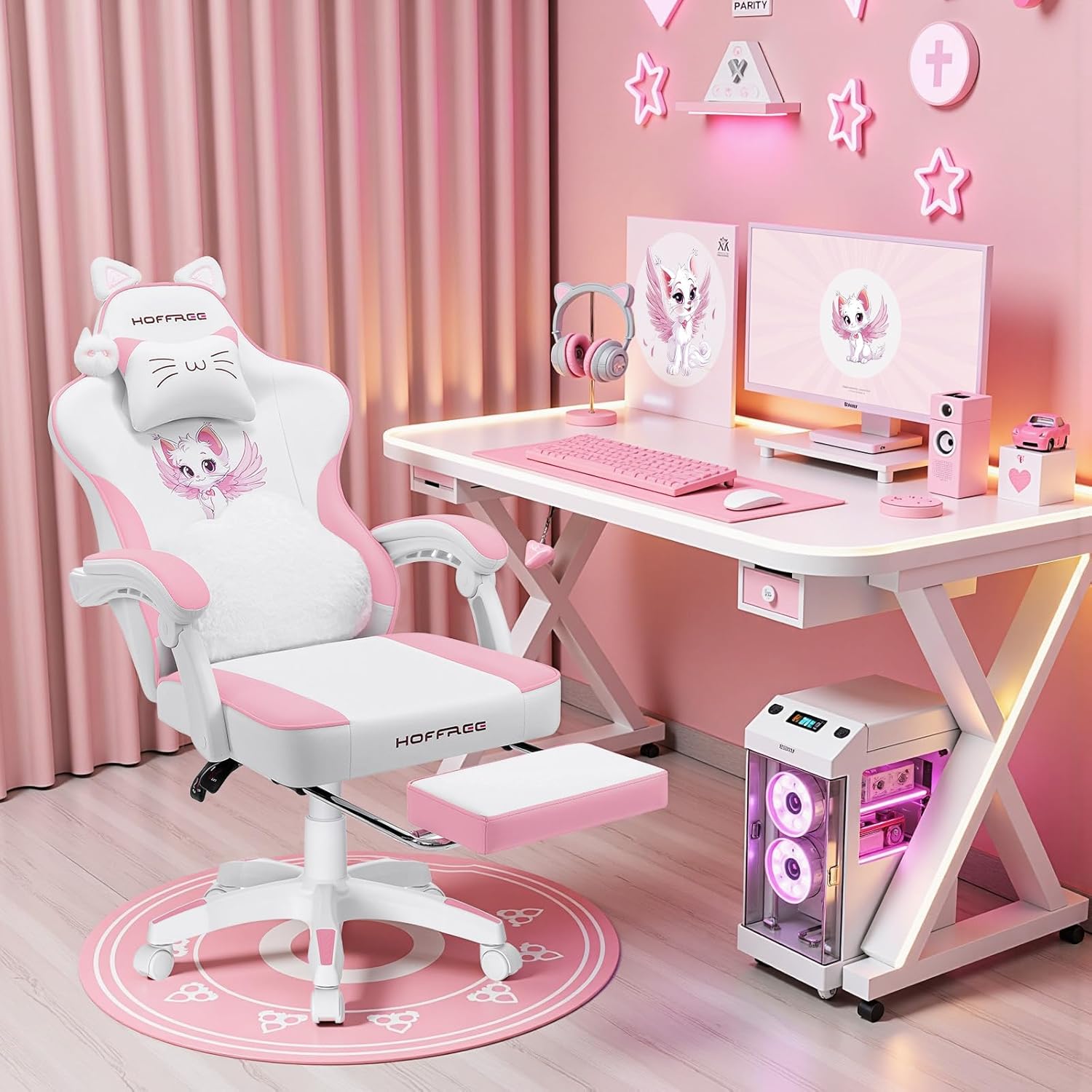 HOFFREE Pink Gaming Chair with Cat Ears and Cloud Massage Lumbar Ergonomic Cute Computer Chair for Girls with Footrest Comfortable Reclining Game Chairs for Adults Pink and White - Image 7