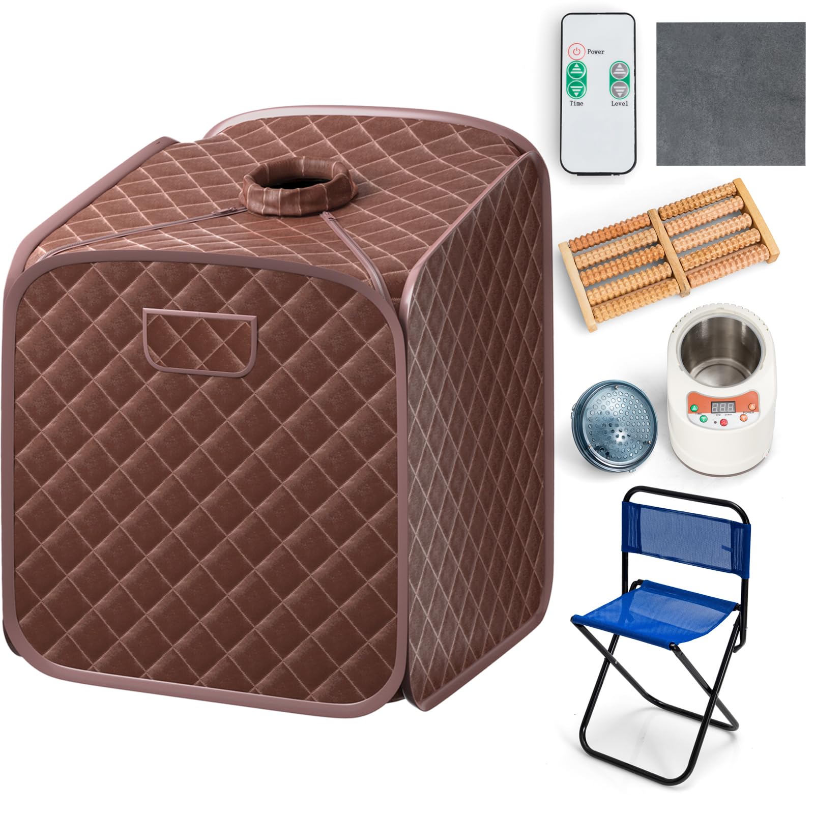 HOMASIS Sauna à Vapeur Portable, Tente de Sauna Chauffante Mobile avec Générateur de Vapeur 2L,Télécommande,Température et Minuterie,Chaise Pliante et Appareil de Massage des Pieds (marron)