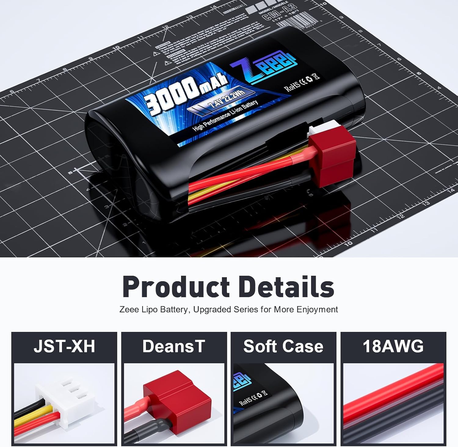 Zeee 2S Li-ION Batterie 7.4V 3000mAh avec Deans Connector Batterie RC Rechargeable Compatible avec Voiture RC Haute Vitesse 4WD Voiture RC à l'échelle 1/16 Bateau RC Camions RC (2pcs)