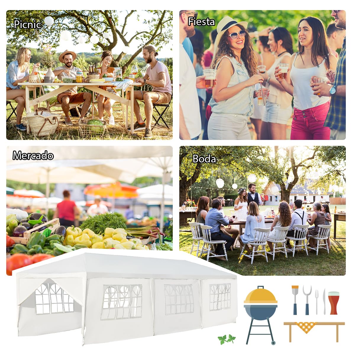 GOPLUS Carpa de jardín de 3x9 m, Cenador Plegable Impearable con Estructura metálica, Lona de PE, 6 Paneles Laterales Desmontables y 2 Entradas, Pabellón Exterior para Bodas, Fiestas (Blanca, 9x3m) | Tienda de Jardín para Cerveza con 2 Puertas con Cremall