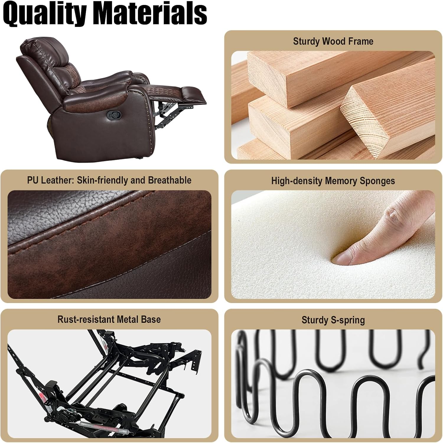 Manual Rocking Recliner Chair, 36" Wide Black PU Leather with Diamond Stitching, 350 lbs Capacity, 90-165° Recline (Chocolate Brown)