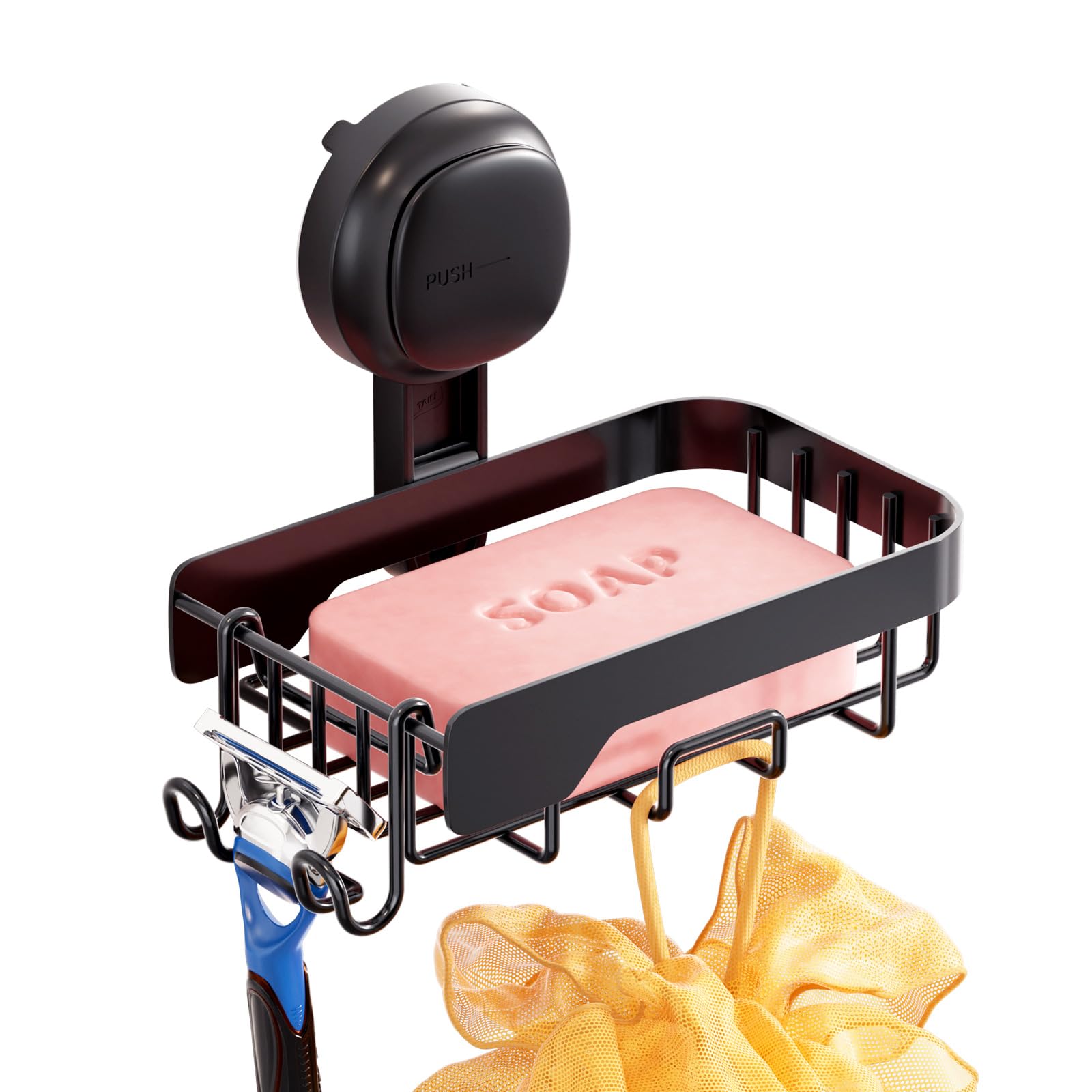 TAILI Soap Dish for Shower with Hooks, Max Hold 5 KG Shower Soap Holder for Bathroom, Wall Mount Suction Sponge Tray, Removable, Metal Bathtub Sink Organizer, Drill-Free, Stainless Steel, Black