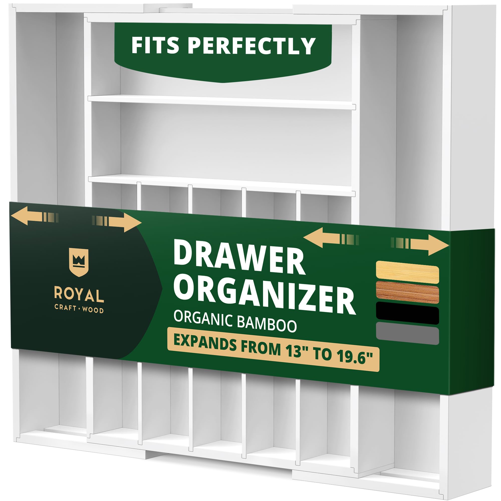 Bamboo Kitchen Drawer Organizer - Expandable Silverware Organizer/Utensil Holder and Cutlery Tray with Grooved Drawer Dividers for Flatware and Kitchen Utensils (9 Slots, White)