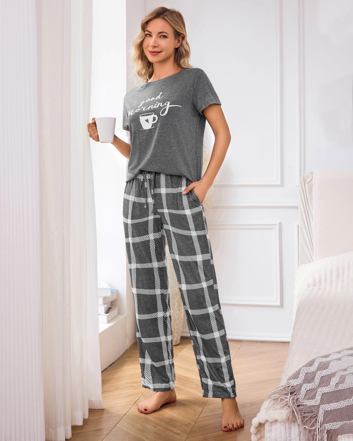 difficort Womens Pajama Sets Short Sleeve Pjs Tops with Long Pants Sleepwear Lounge Set with Pocket - Image 2