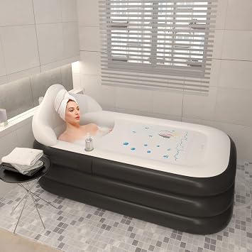 Inflatable Portable Bathtub-Family SPA Freestanding Bathtub with Bath Pillow-Inflatable Bathtub With Neck and Back Support-Suitable For Cold Plunge Tub-Training Tub-Ice Bath & Hot Bath,63X35Grey