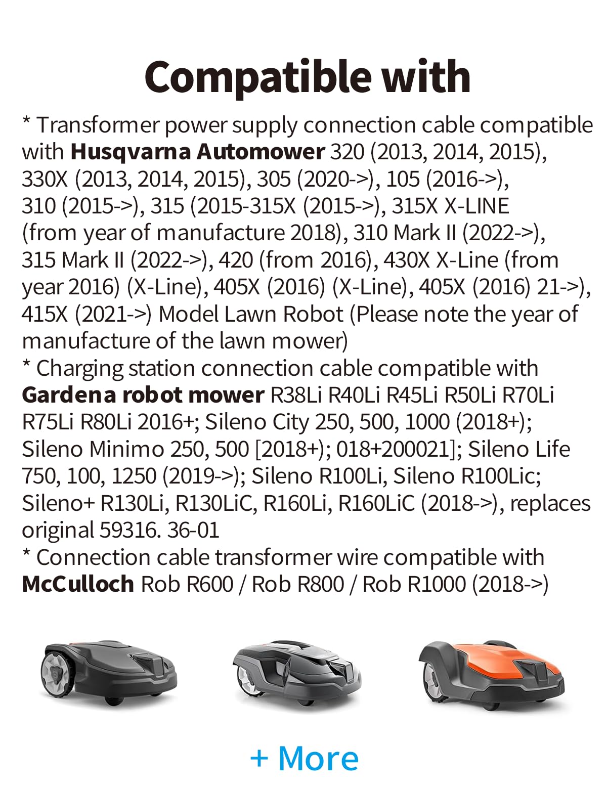 5 Meter Ladekabel für Transformator Stromversorgung und Ladestation, kompatibel mit Husqvarna Automower 320 330x 2013-2015, 105 305 310 315X 405X 415X 420 430X 2015+, für Gardena 2016+ Mähroboter, 5M