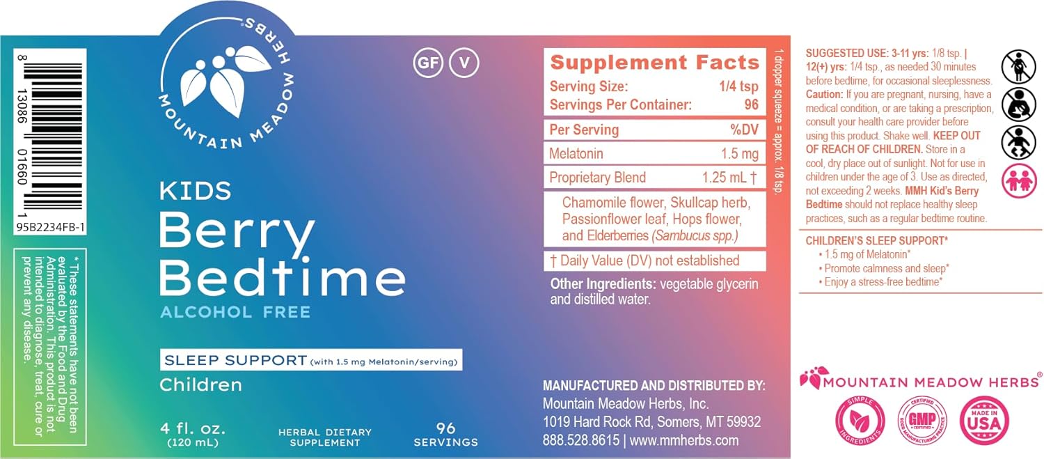 Mountain Meadow Herbs Berry Bedtime – Kids Sleep Support Drops with Melatonin, Chamomile, Lemon Balm & Passionflower - Natural Sleep Aid for Children – 4 oz