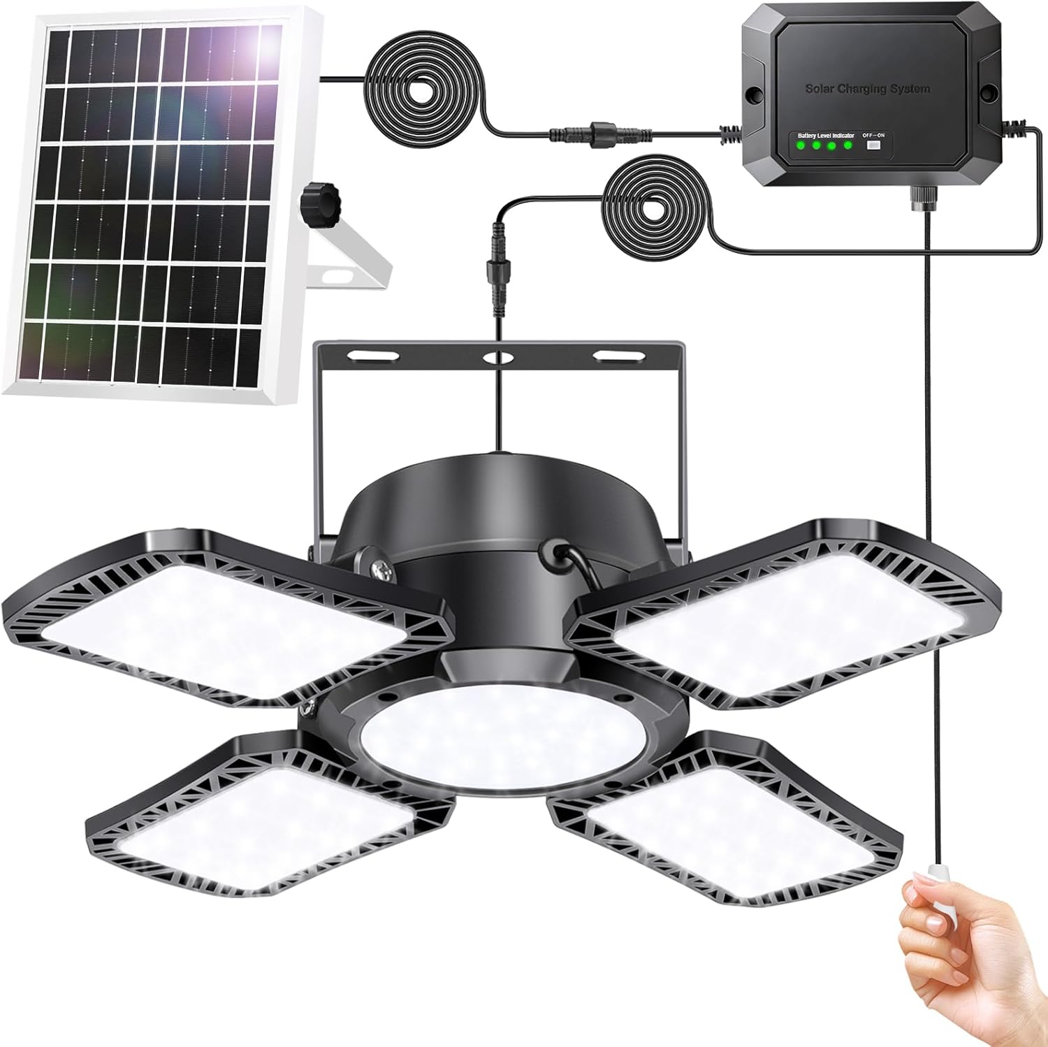 Aqonsie Solar Shed Lights Indoor Outdoor with Pull String, 2000LM Available All Day Solar Pendant Light, High/Low Brightness Switch Solar Lights Indoor, IP65 Waterproof for Gazebo, Shop, Garage