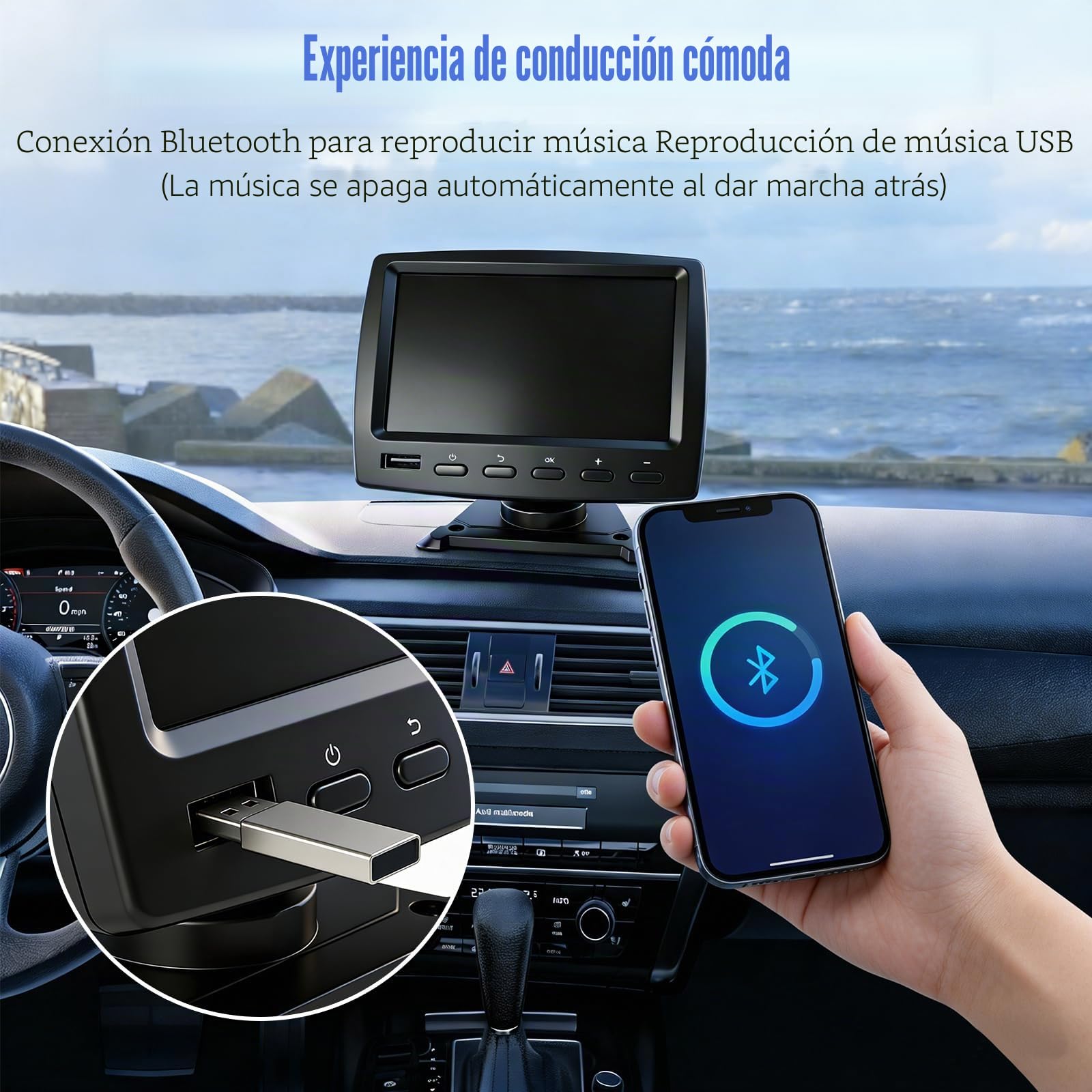OBEST Kit Camara Marcha Atrás Coche con Radio FM Música Bluetooth y Monitor | Cámara Trasera Coche CVBS, Camara Aparcamiento Coche y Pantalla 4.3" Visión Nocturna para Furgonetas Caravana SUV 12V