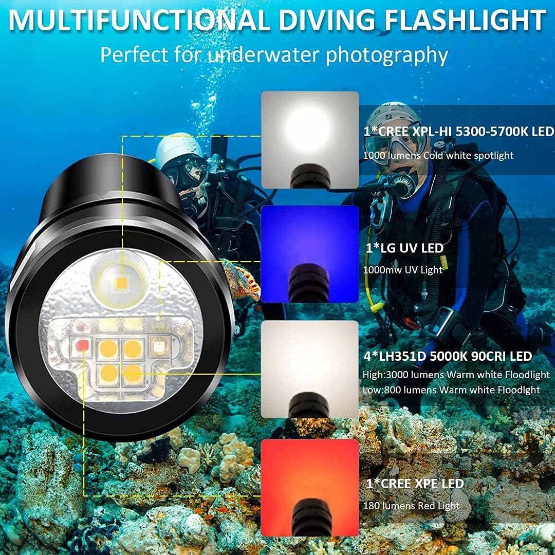 Wurkkos DL07 Diving Flashlight,3000LM 90CRI Dive Light 100M Underwater Video Light Dimmable Diving Light Rechargeable Rotary Switch Diving Light 26650 Submarine Light with UV Red Lights : Sports & Outdoors
