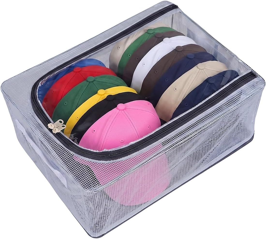 Sturdy Hat Organizer for Baseball Caps, Clear Hat Storage Box with Metal Frame & Hard Base, Stackable Cap Storage Holder for Closet, No Assembly Required, Holds 24 Hats, 1 Pack