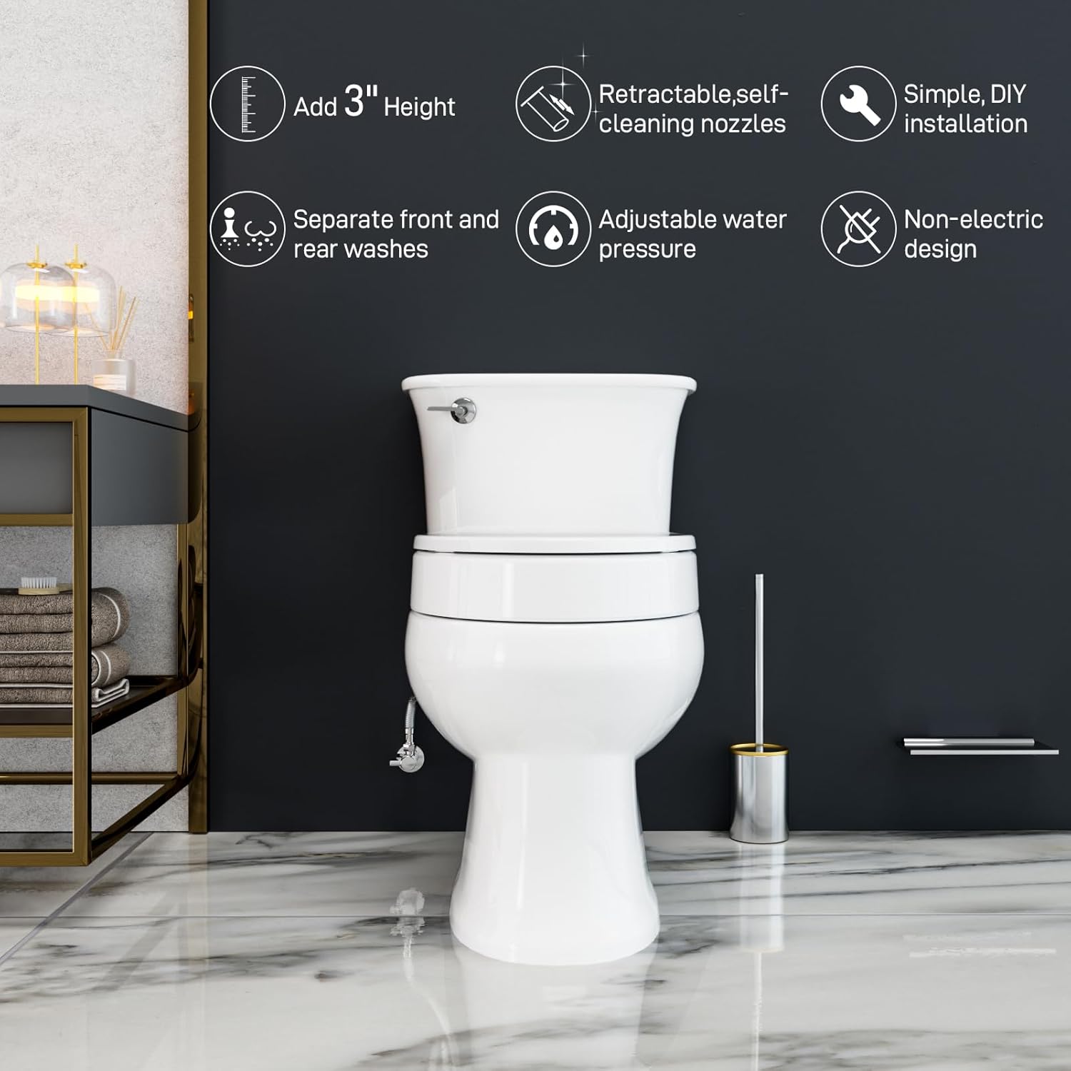 BIGCOW Raised Toilet Seat with Bidet - Elongated, Soft Close, 3" Height - Dual Nozzle (Frontal & Rear Wash) with Adjustable Cold Water Pressure and Stainless Steel Inlet (Elongated)